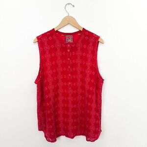 Johnny Was Women’s Red Floral Symmetrical Boho Eyelet Sleeveless Blouse